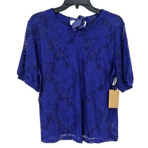 Halogen Blue Lace Tie Back Shirt Womens Size Medium Short Sleeves